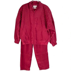 Vintage 80s 90s Silk Windbreaker Sweat Suit Jacket Pants Large Red Quilted